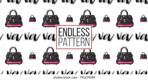 Shop online collection. Vector wow patch and women bag seamless pattern. Fashion illustration, patches, stickers. Hand drawn background in vogue style.