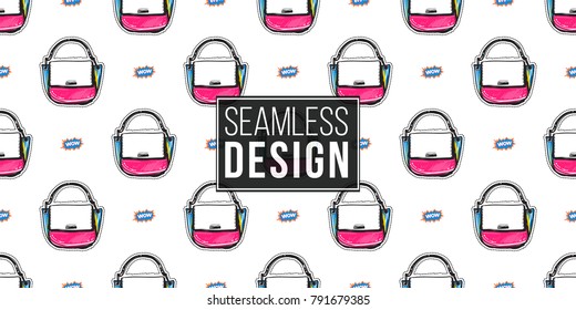 Shop online collection. Vector wow label and ladies handbag seamless pattern. Fashion illustration, patches, stickers. Hand drawn background in vogue style.