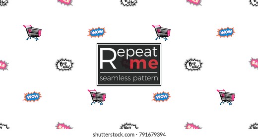Shop online collection. Vector wow label, shopping cart, sale cloud, buy now label seamless pattern. Fashion illustration, patches, stickers. Hand drawn background in vogue style.