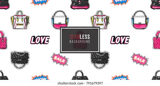 Shop online collection. Vector wow, sale and love labels, fashionable clutch, leather handbag, ladies bags seamless pattern. Fashion illustration, patches, stickers. Hand drawn background.