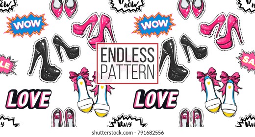 Comprar colección online. Vector wow, venta, amor, comprar ahora etiquetas y novia, plana, alta y rosa tacones nude sin patrón. Parches de moda, pegatinas. Fondo dibujado a mano en estilo de moda.