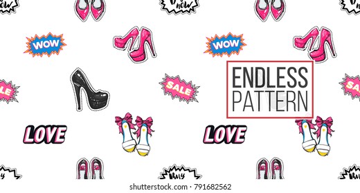 Shop online collection. Vector wow, sale, love, buy now labels and bride, flat, high and pink nude heels seamless pattern. Fashion patches, stickers. Hand drawn background in vogue style.