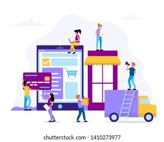 Shop online - concept illustration with a tablet with a website, a delivery car, credit card, small people characters. Vector illustration in flat style 