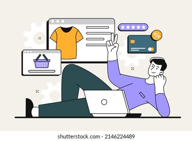 Shop online concept. Man behind laptop looks at goods on website of online store. Home delivery and modern technologies, globalization and services. Cashless payment. Cartoon flat vector illustration