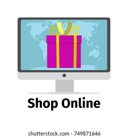 Shop online concept with pink present and all world map on the screen, vector illustration