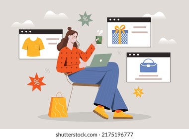 Shop online concept. Woman with laptop buys goods on Internet. Home delivery, online shopping and modern service. Cashless payment and electronic transactions. Cartoon flat vector illustration