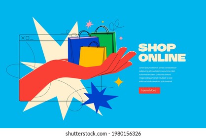 Shop online oder Lieferung Service Banner Konzept in hellen trendigen Farben mit Hand geht aus dem Bildschirm und halten Shopping-Taschen auf blauem Hintergrund. Vektorgrafik