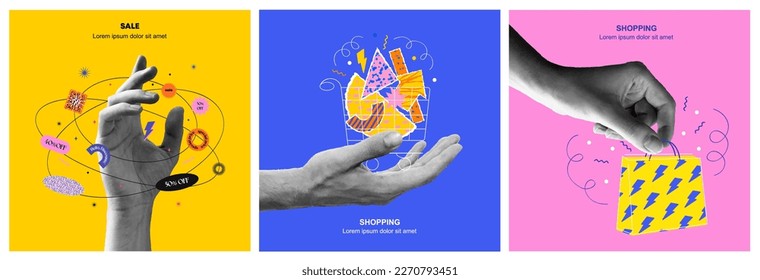  Shop online or delivery service banner concept in bright trendy colors with collage hands holding shopping bags and cart. Sale banner concept. Vector illustration - Shutterstock ID 2270793451