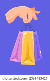 Shop online or delivery service banner. Vector illustration. Hand holding shopping bags in cartoon style. Online shopping or online sale concept banner