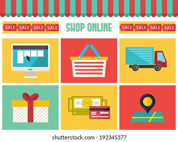 Shop online infographics icons set. Flat trendy web infographic elements for business e-commerce.