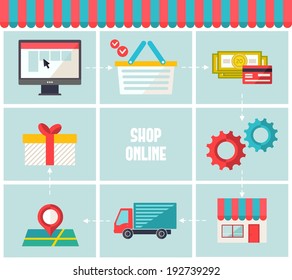 Shop online infographics icons set. Flat trendy web infographic elements for business e-commerce.