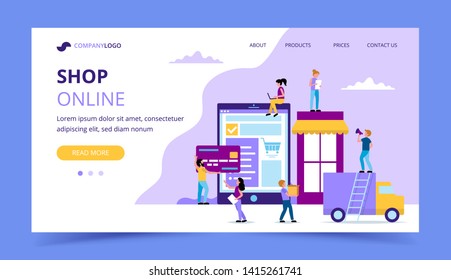 Shop online landing page - concept illustration with a tablet with a website, a delivery car, credit card, small people characters.