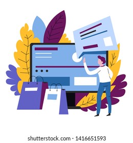 Shop online make order from home computer with opened Internet store vector purchases payment e-commerce man buying goods shopping bags or packs monitor screen web site or page with delivery service