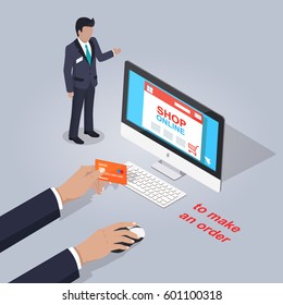 Shop Online. Make order from home. Computer with opened Internet store and hands hold payment card and mouse, and little businessman on grey background. E commerce advertising vector illustration.