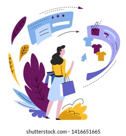 Shop online make order Internet store pages or web sites vector isolated abstract icon woman shopping payment e-commerce customer buying or purchasing clothes sale girl holding packs or bags