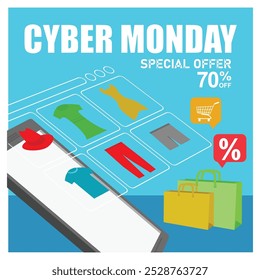 Compra online en Cyber ​​Monday. Descuentos especiales en ropa. Concepto de ​​lunes cibernético. Ilustración vectorial plana.