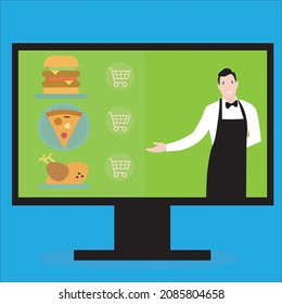 Shop online, order food online using a computer, vector illustration
