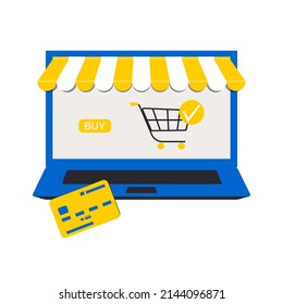 Shop online. Shopping concept with open screen laptop and credit card in modern design on white background made of yellow and blue colors. Vector.