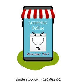 Online in der Smartphone-App einkaufen. Marketing-Konzept, Business, geben Sie eine Bestellung. Vektorgrafik in flach modernem Design.