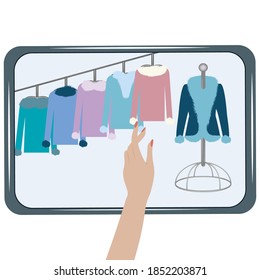 Shop online. Tablet screen. Hand Women, elegant, choose clothes. Additional reality. Modern technologies. Internet business project.