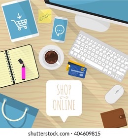 Shop online. Vector desktop mock up.