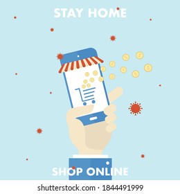 Shop Online web marketing banner with coronavirus, pandemic or virus infection concept. Vector collection. Covid icon web.