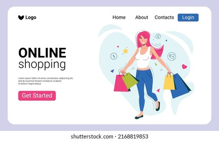 Shop online. Website template: happy young woman with bags in her hands.