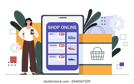 Shop online woman concept. Electronic shopping and commerce. Fashon clothes and apparel. Digital payment, transfers and home delivery. Cartoon flat vector illustration isolated on white background