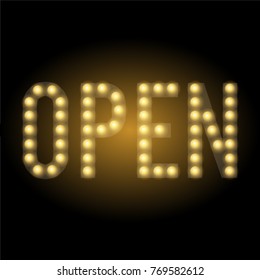 Shop Open sign. Illuminated symbol on black background. Glowing letters and lamps.