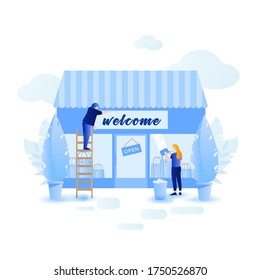 Shop opening concept vector illustration. Come in we are open entrance blue sign at shop
