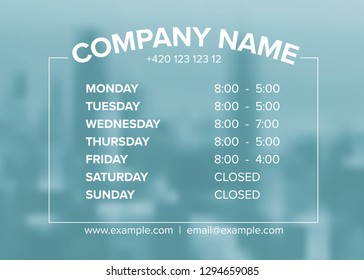 Shop opening time hours vector template with photo placeholder in the background