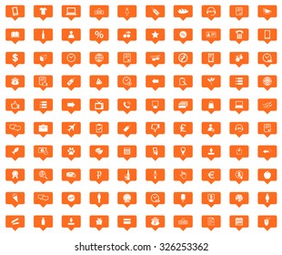 Shop orange message icons set, images in filled chat bubbles on white background