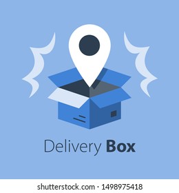 Shop order delivery, open box and location pin, tracking box, receive postal parcel, pick up point, distribution service, vector flat illustration