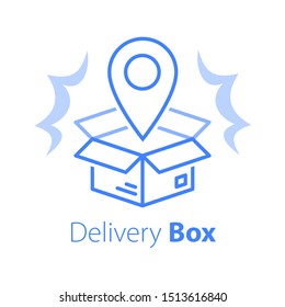 Shop order delivery, open box and location pin, linear design, tracking box, receive postal parcel, pick up point, distribution service, vector line icon