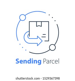 Shop order delivery, receive postal parcel, pick up point, collect purchase, give away office, courier or messenger service, transportation or logistics, move and relocate, vector thin line icon