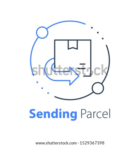 Shop order delivery, receive postal parcel, pick up point, collect purchase, give away office, courier or messenger service, transportation or logistics, move and relocate, vector thin line icon
