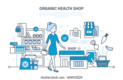 Shop organic products, counter with products, ordering and purchasing goods. Illustration thin line design of vector doodles, infographics elements.