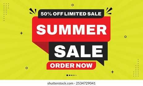 Shop Our Summer Sale: Get Up to 50% Off! Limited-Time Offer with Eye-Catching Sale Banner Featuring Red, Black, White, and Yellow Gradient Element Shapes—Order Now for Incredible Savings!