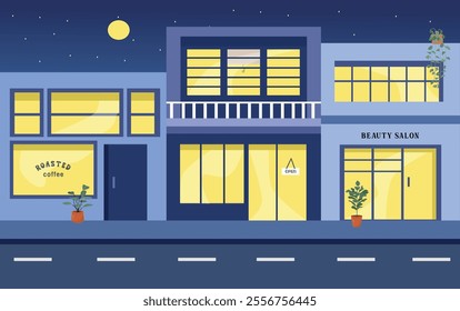 Shop. Outlet. Department store. Market. Supermarket. Mart. Emporium. Chain store. Hypermarket. Cafe building. Beauty salon. Street. Store in the midnight.