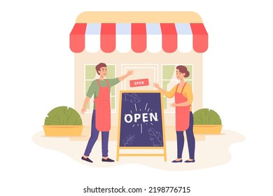 Shop owner couple standing next to open sign and building. Happy seller characters with blackboard reopening store flat vector illustration. Business, shop opening concept for banner or landing page