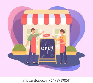 Shop owner couple standing next to open sign and building. Happy seller characters with blackboard reopening store flat vector illustration. Business, shop opening concept for banner or landing page