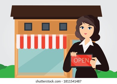 Shop owner holding open signboard concept. Creative idea design. Flat vector for template, brochure or presentation.