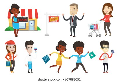 Shop owner holding an open signboard. Cheerful shop owner standing in front of small store. Woman inviting to come in her shop. Set of vector flat design illustrations isolated on white background.