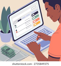 A shop owner studies a digital cash‑flow dashboard on a laptop or tablet. Emphasize daily income, expenses, and real‑time financial data.