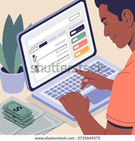 A shop owner studies a digital cash‑flow dashboard on a laptop or tablet. Emphasize daily income, expenses, and real‑time financial data.