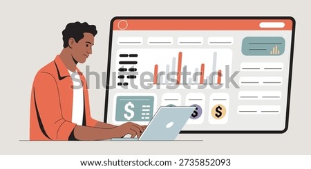 A shop owner studies a digital cash‑flow dashboard on a laptop or tablet. Emphasize daily income, expenses, and real‑time financial data.