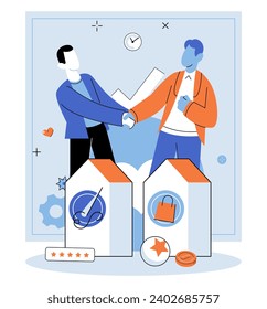 Propietario de la tienda. Ilustración vectorial. El comercio facilita el intercambio de bienes y servicios en el mercado Las empresas se dedican a actividades comerciales para generar ingresos y beneficios Experiencia profesional