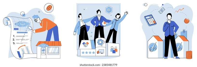 Shop owner. Vector illustration. Promotion activities aim to raise awareness and generate interest in products or services The shop owner diligently managed their business finances to ensure