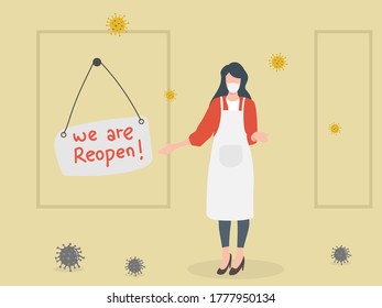 shop owner wearing face mask hanging sign written the word Reopen at store front with virus pathogen. Reopen business to normal operation after COVID-19 Coronavirus lockdown concept.