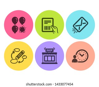 Shop, Parcel invoice and Balloon dart icons simple set. E-mail, Keywords and Time management signs. Store, Delivery document. Business set. Flat shop icon. Circle button. Vector
